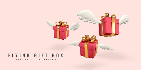 Wall Mural - 3d flying red gift boxes with golden bows and wings on light red background. Valentine's Day design. Vector illustration