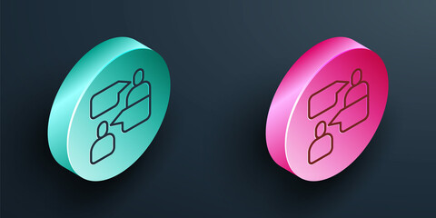 Isometric line Two sitting men talking icon isolated on black background. Speech bubble chat. Message icon. Communication or comment chat symbol. Turquoise and pink circle button. Vector