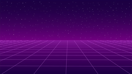 Wall Mural - Technology background perspective retro grid. Futuristic cyber surface 80s - 90s styled. Vector pink mesh on colorful background. Digital space wireframe landscape.