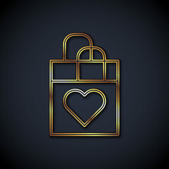 Gold line Shopping bag with heart icon isolated on black background. Shopping bag shop love like heart icon. Happy Valentines day. Vector