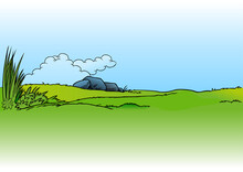 Grassy Landscape With Stones - Colored Cartoon Illustration As Background, Vector