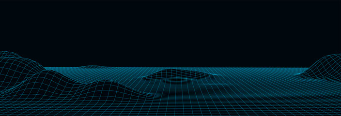 Wall Mural - Technology perspective grid with mountain landscape background. Vector digital space wireframe landscape. Mesh on a black background