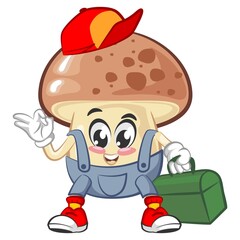 vector illustration of cute mushroom mascot of handyman with toolbox