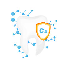 Human Tooth With A Calcium Protection Shield And Cell Structure Background. Strong, Healthy And Protected Teeth Vector Illustration Concept On White Background.