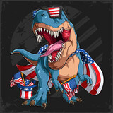 Blue t rex dinosaur roaring wearing USA flag and sunglasses for 4th of July the us independence day