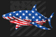 Great white shark with USA flag pattern for 4th of July, American independence day and Veterans day
