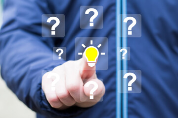 Poster - Businessman hand presses button with question mark symbol and light bulb icon. Concept creative idea and innovation.