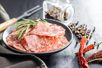 Wall Mural - Sliced italian salami sausage with peppercorn on plate.