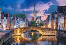 Bruges Or Brugge, Belgium. View Of  Spiegelrei Canal At Dusk (HDR Image)