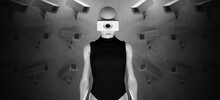 Cyclops Woman All Seeing Eye Mobile Phone Control Surrounded By CCTV Video Camera Surveillance Watching Technology Black And White 3d Illustration Render