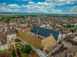 Aerial view of  beautiful varnished tile beautiful varnished tile polychrome roofs of the Hotel de Dieu medieval Gothic hospice in Beaune, Burgundy France