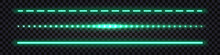 Green Laser Neon Stick, Light Glowing Effect. Electric Shiny Sparks And Impulse Line, Thunder Bolt Streak, Isolated Luminos Border  On Dark Transparent Background. Vector Illustration
