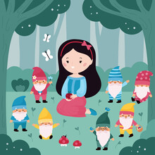 Snow White And The Seven Dwarfs. Fairy Tale For Kids. Kawaii Cartoon Princess And Gnomes On Forest Background. Vector Illustration For Children Book.