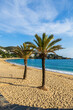 Panorama over the beautiful beach l'Almadrava in the gulf of Rosas, Mediterranean sea, Costa Brava, Catalonia, Spain.