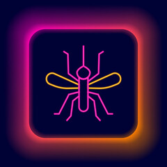 Poster - Glowing neon line Mosquito icon isolated on black background. Colorful outline concept. Vector