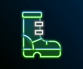 Sticker - Glowing neon line Waterproof rubber boot icon isolated on black background. Gumboots for rainy weather, fishing, gardening. Colorful outline concept. Vector