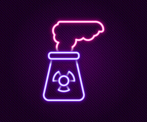 Sticker - Glowing neon line Nuclear power plant icon isolated on black background. Energy industrial concept. Colorful outline concept. Vector