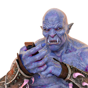 hand of a green orc holding a cell phone in a white background
