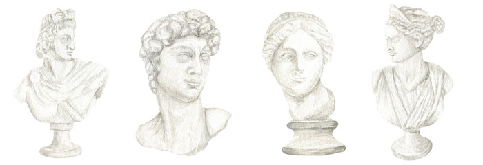 Ancient greek sculpture goddess head set, Watercolor Antique Greece mythology statues bust hand drawn illustration Venus de Milo, Diana, Apollo god face sculpture drawing on grain paper