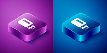 Isometric Flashlight Icon Isolated On Blue And Purple Background. Square Button. Vector