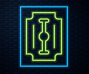 Sticker - Glowing neon line Blade razor icon isolated on brick wall background. Vector