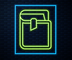 Wall Mural - Glowing neon line Book icon isolated on brick wall background. Vector