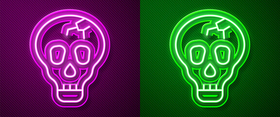 Poster - Glowing neon line Skull icon isolated on purple and green background. Happy Halloween party. Vector