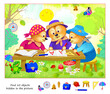 Logic puzzle game for kids. Find 10 objects hidden in the picture. Cute bears learning at forest school. Educational page for children. Play online. IQ test. Task for attentiveness. Vector image.
