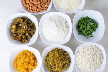 Sticker - Variety of topping, ingredients to accompany sushi, displayed in white container