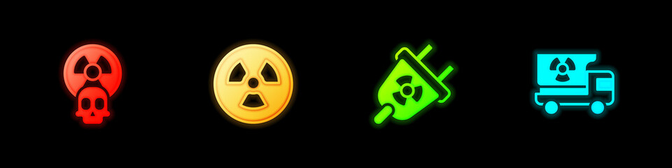 Sticker - Set Radioactive, , Radiation electrical plug and Truck with radiation materials icon. Vector