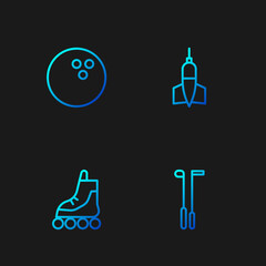 Sticker - Set line Golf club, Roller skate, Bowling ball and Dart arrow. Gradient color icons. Vector