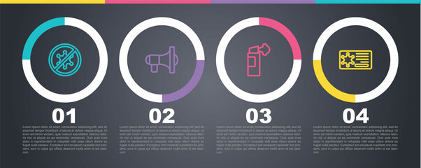 Wall Mural - Set line Protest, Megaphone, Pepper spray and Police badge. Business infographic template. Vector