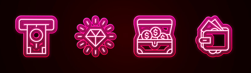 Poster - Set line ATM and money, Diamond, Treasure chest and Wallet with. Glowing neon icon. Vector