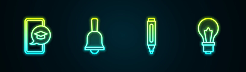 Wall Mural - Set line Graduation cap on mobile, Ringing bell, Marker pen and Light bulb with idea. Glowing neon icon. Vector