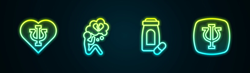 Sticker - Set line Psychology, Psi, Broken heart or divorce, Sedative pills and . Glowing neon icon. Vector