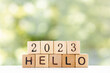 Hello 2023 alphabet letters decorate on wooden background