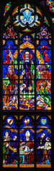  Stained-glass window depicting Catholic social reform, above Saint Severinus of Noricum, below Cardinal Anton Josef Gruscha. Votivkirche – Votive Church, Vienna, Austria. 2020-07-29. 
