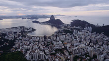 Sugarloaf Mountain In Rio De Janeiro, Brazil. Botafogo Buildings. Guanabara Bay And Boats And Ships.