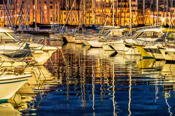 Wall Mural - Yachts Boats Waterfront Reflection Night Marseille France