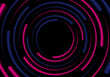 Abstract blue and pink glowing neon lighting effect circles radius pattern on black background