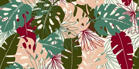 Tropical Leaves Seamless Pattern. Floral Pattern with Monstera Leaves for Wedding, Anniversary, Birthday and Party. Floral Vintage Tropical Print Design. Jungle Background. Vector EPS 10