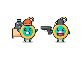 Sticker - illustration of the cute yoyo as a cashier is pointed a gun by a robber