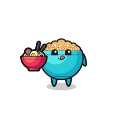 Poster - cute cereal bowl character eating noodles