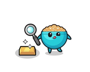 Sticker - cereal bowl character is checking the authenticity of the gold bullion