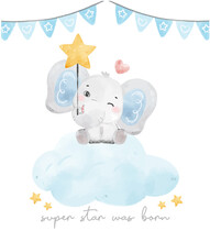 Cute Baby Blue Elephant Sitting On Soft Cloud, Baby Shower Birthday Watercolour Hand Drawn  Cartoon Animal Vector