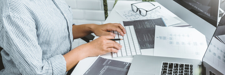 Wall Mural - developing programmer development website design and coding technologies working in software company