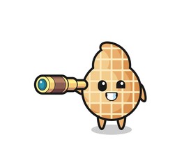 Canvas Print - cute peanut character is holding an old telescope