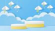 Paper cut of white and yellow color cylinder podium for products display presentation with clouds, raindrops and lightning. Vector illustration