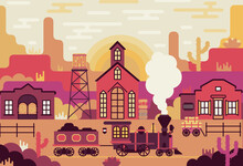 The Train Arrived At The Station - Village In The Wild West. Vector Illustration