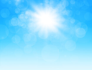 Wall Mural - summer sunny background, blue sky with glaring sun and blurry bokeh